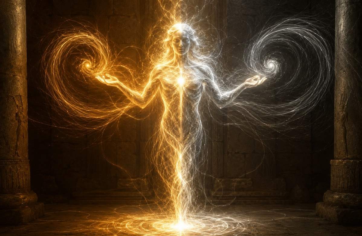 Luminous androgynous figure formed from interwoven golden and silver light threads