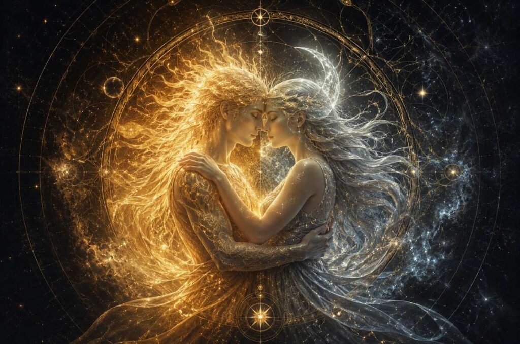 Two luminous figures representing Sol and Luna merging in a sacred embrace within a cosmic mandala.