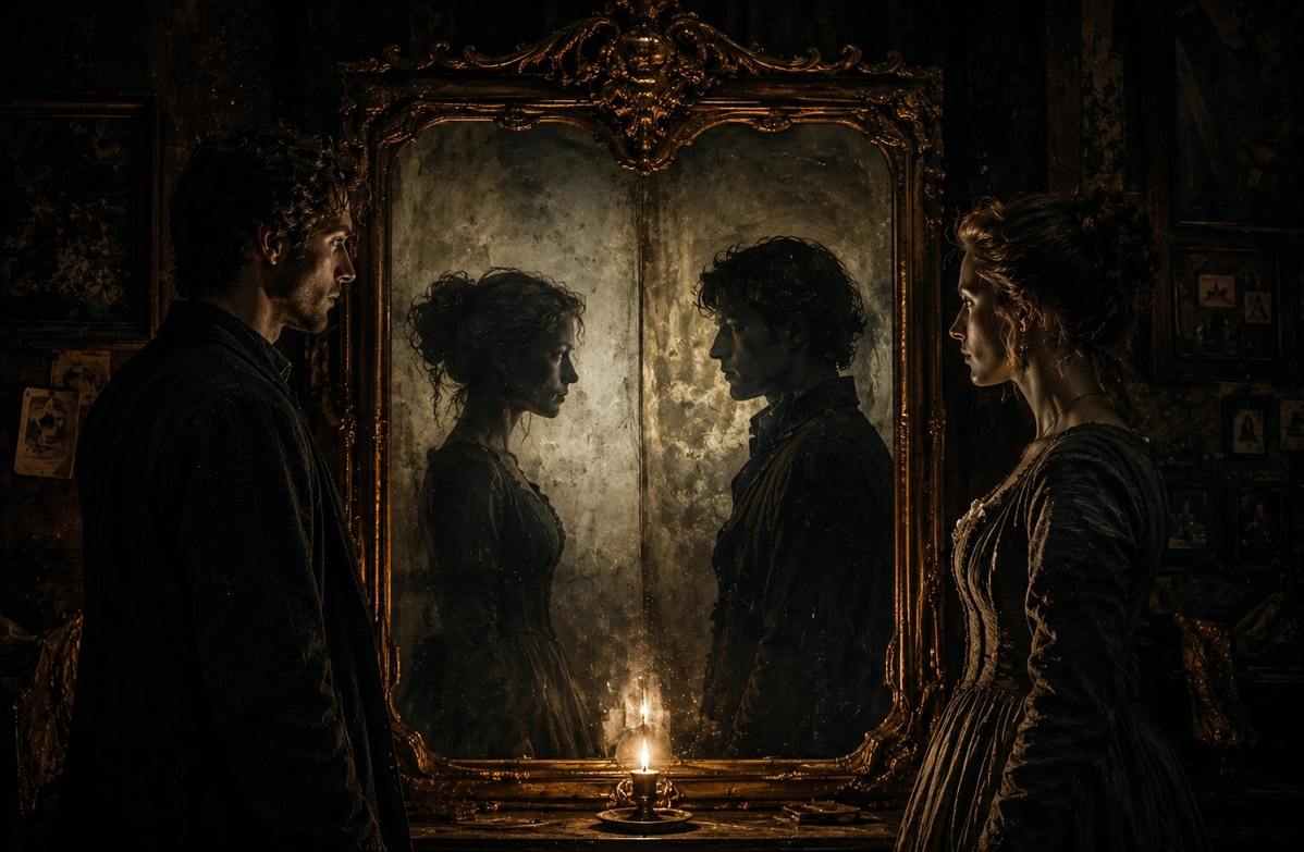 Two figures facing each other across a mirror, one reflecting the other as a shadowy contrasexual image