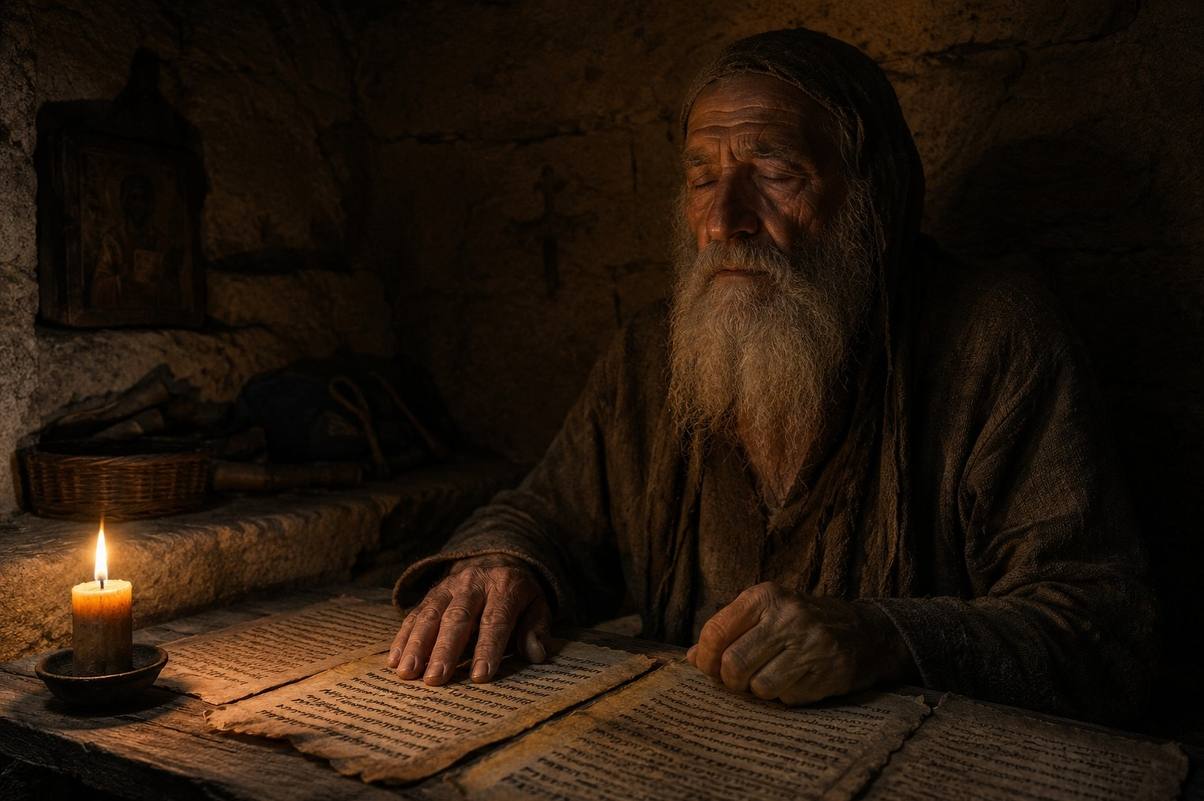 An ancient desert hermit seated in stillness within a stone cell, faint candlelight illuminating weathered Coptic manuscript pages, embodying the silence of apophatic contemplation
