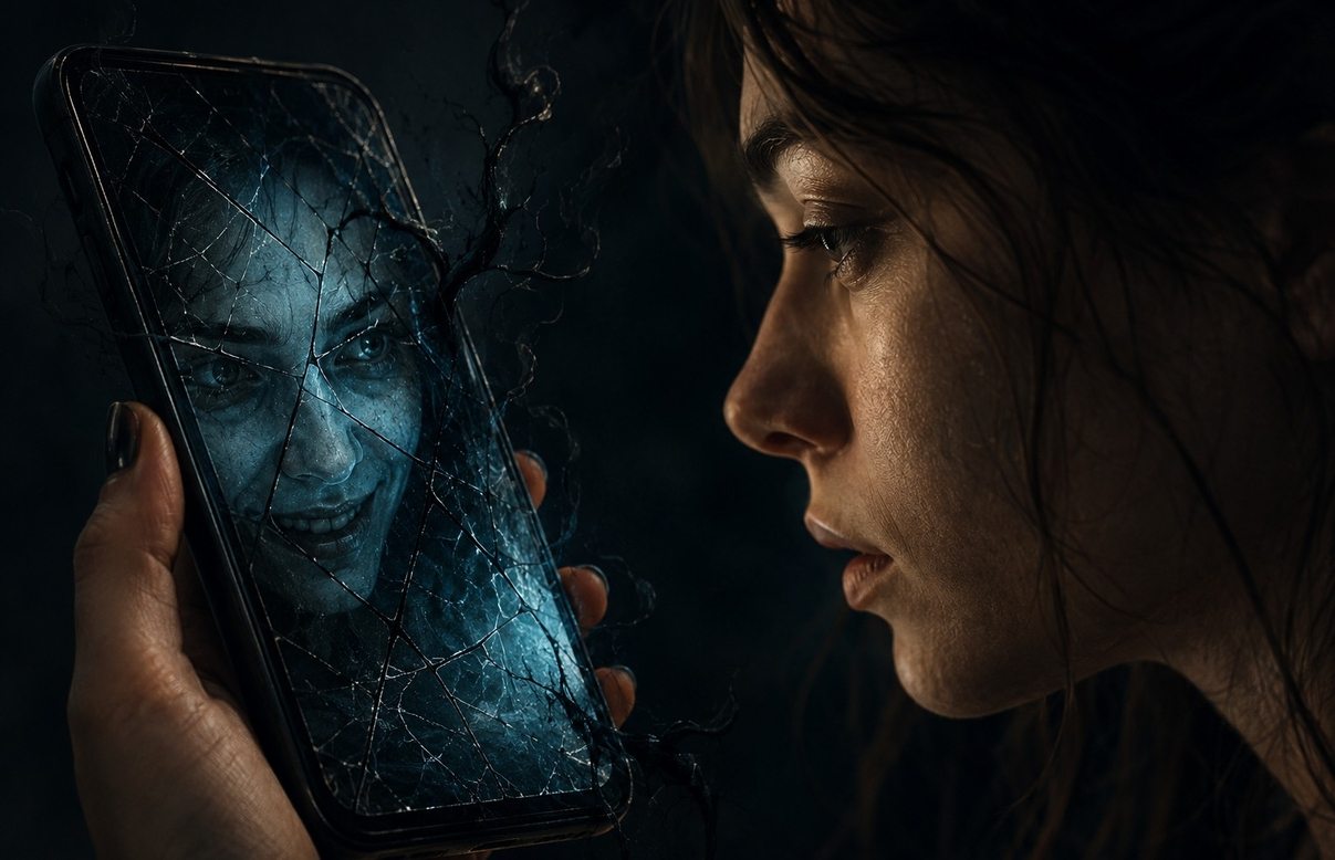 Human face reflected in cracked smartphone screen with shadow tendrils emerging from cracks