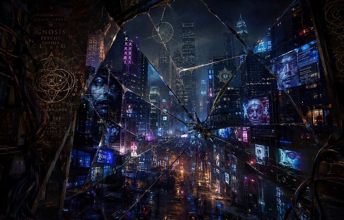 Modern cityscape at night viewed through cracked mirror with digital screens and serpentine shadows in fibre optics