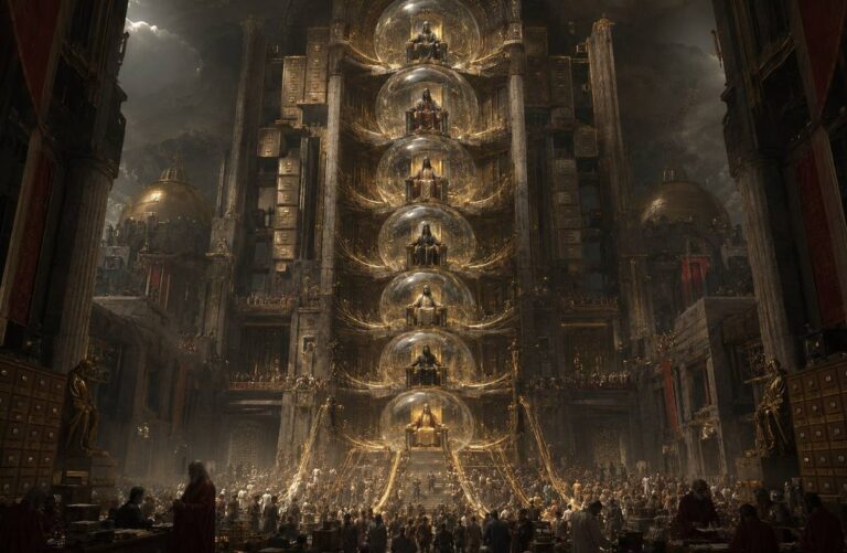 Seven planetary spheres as celestial bureaucracy with faceless administrators on thrones feeding on human energy