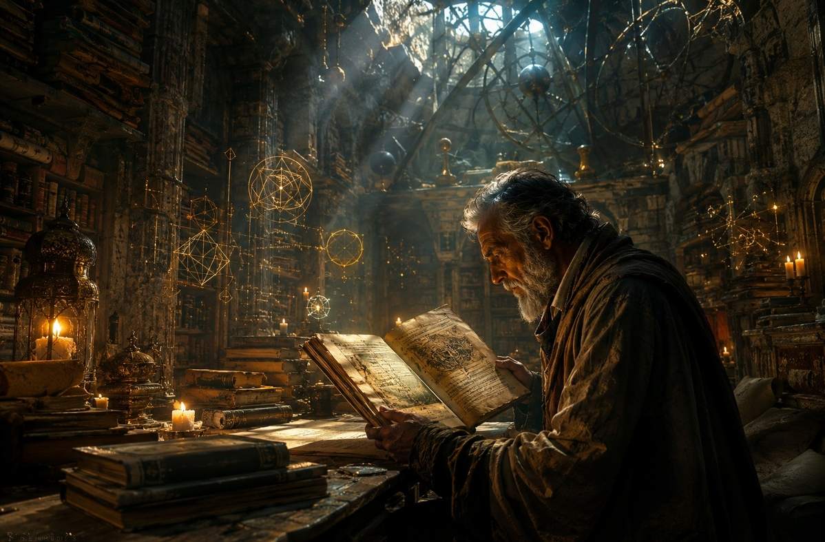 A contemplative scholar reading an ancient codex by candlelight with celestial machinery visible through cracked ceiling