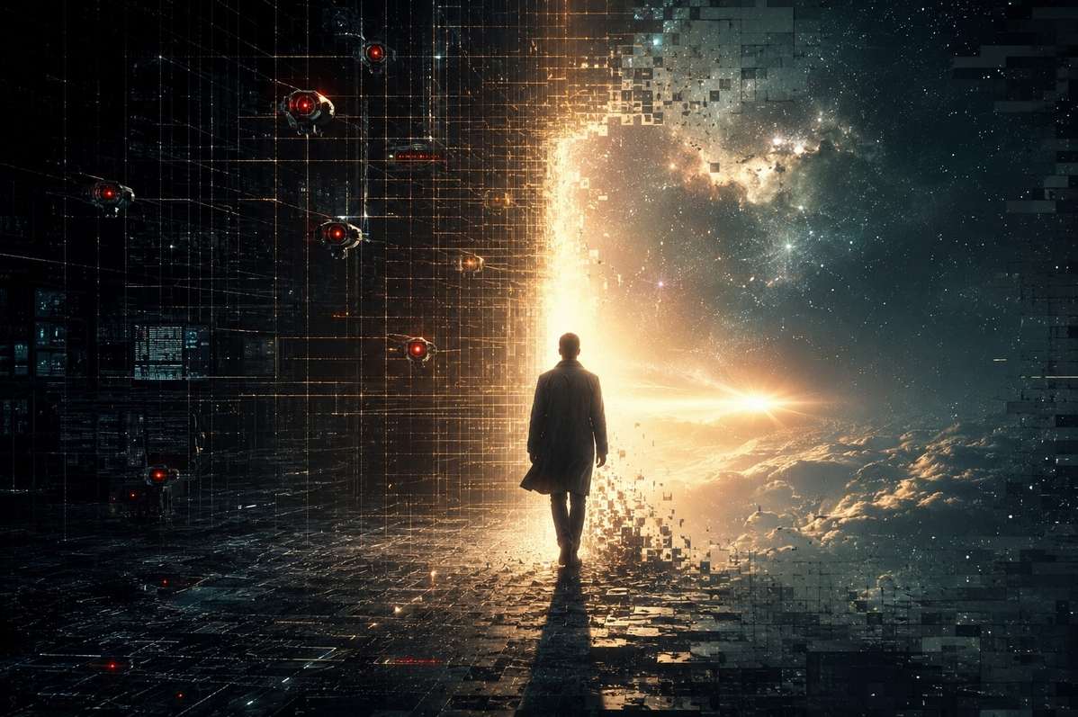 A solitary human figure stepping through an invisible doorway beyond glowing digital grid lines into cosmic void