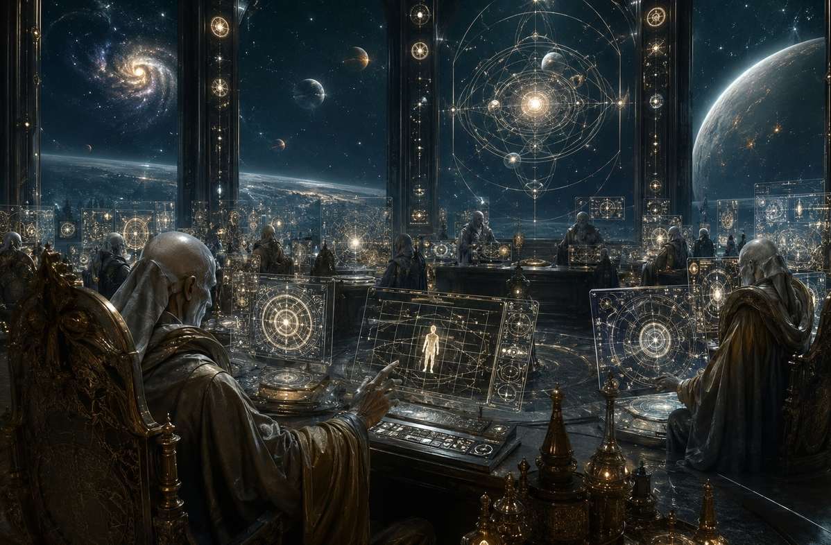 Ancient Gnostic archons as interface designers at holographic workstations crafting perceptual reality