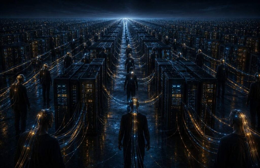 A vast server farm stretching to the horizon under a dark sky, with human silhouettes connected by luminous cables to the machines, representing the archontic inversion of infrastructure as new flesh
