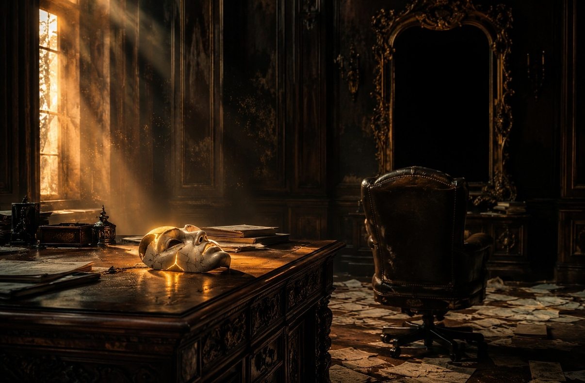 Empty grand office with cracked porcelain mask on desk and golden light through cracks