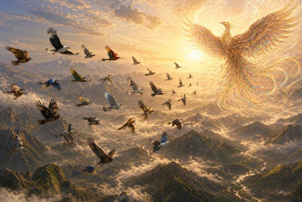 Thirty birds flying toward the luminous Simurgh across seven valleys in a mystical mountain landscape