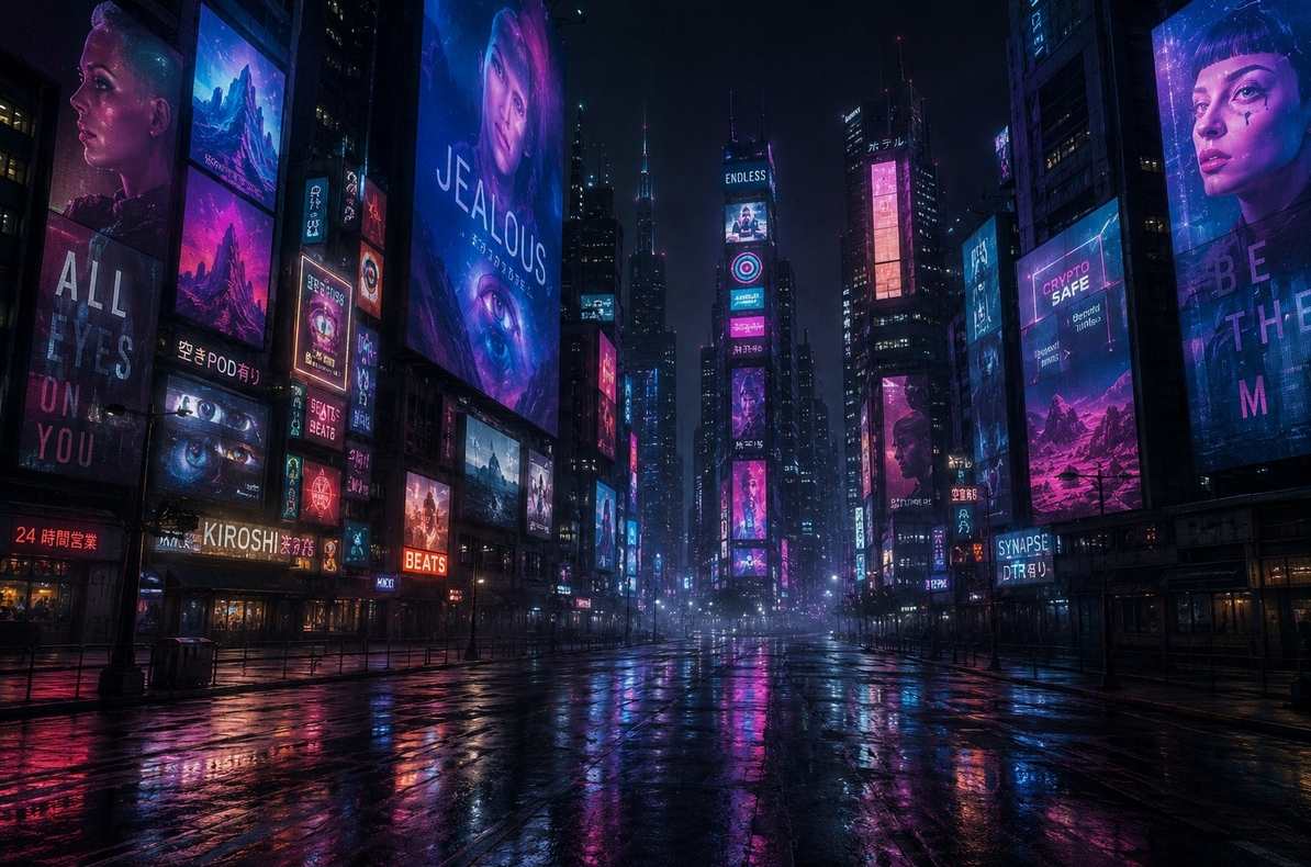 Deserted digital city with glowing advertisement screens and no human presence