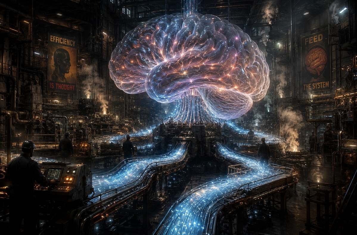 Surreal factory interior with conveyor belts feeding into a human brain silhouette