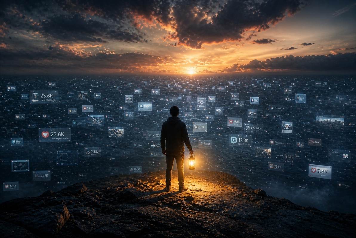 Solitary figure on rocky cliff at dawn facing ocean of floating digital screens, holding warm golden lantern