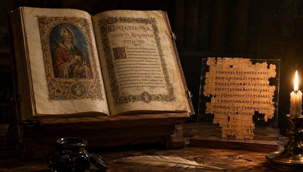 A medieval manuscript of Augustine's Confessions beside a fragment of Coptic papyrus from Nag Hammadi, representing two incompatible approaches to the problem of evil.