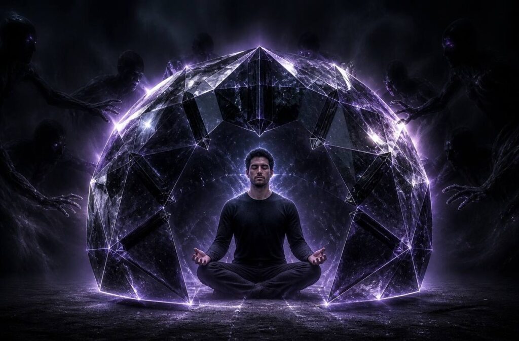Human figure surrounded by geometric crystalline shield of black tourmaline and obsidian