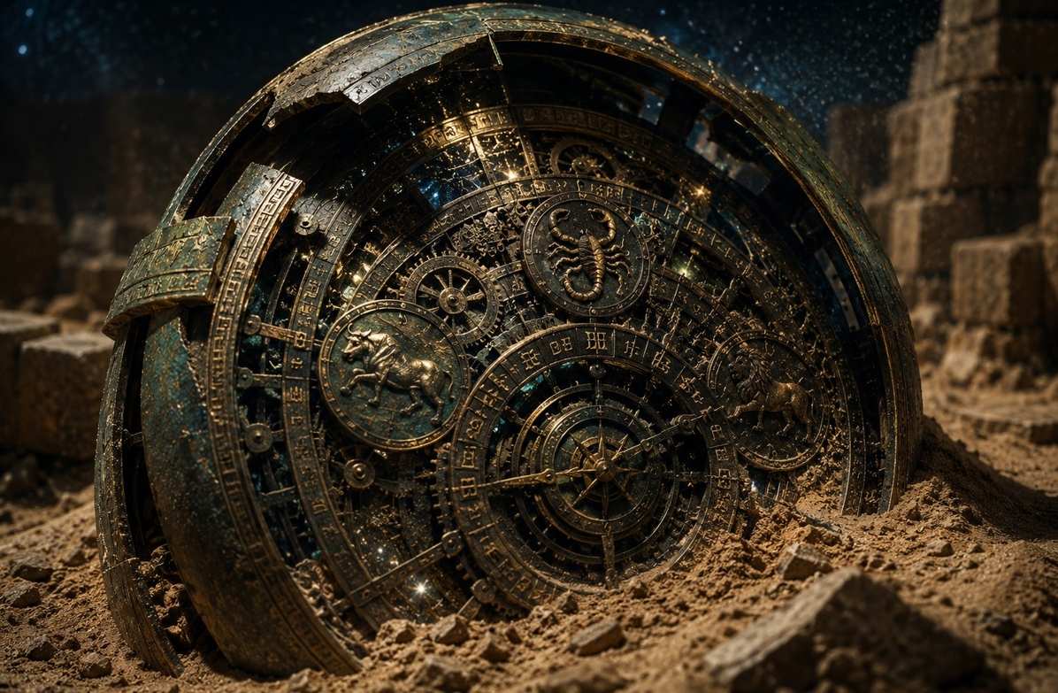 Ancient bronze astronomical mechanism with interlocking gears partially buried in desert sand under starlight