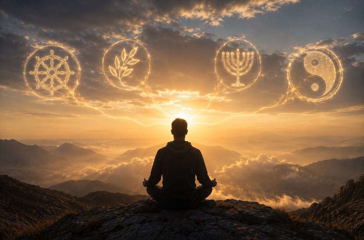 Silhouette of modern person meditating at sunrise connected to ancient spiritual symbols