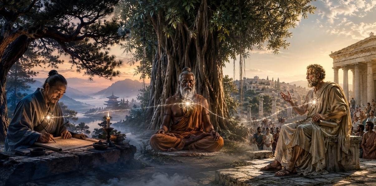 Triptych of three ancient contemplative figures connected by silver light threads