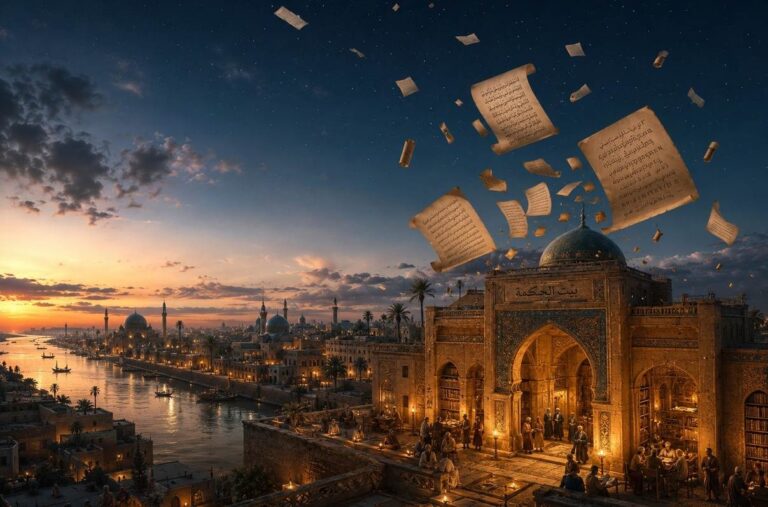Ancient Baghdad skyline along the Tigris River at dusk with House of Wisdom illuminated and floating manuscripts
