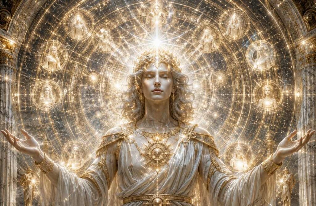 Radiant divine figure of Barbelo surrounded by concentric rings of golden aeons