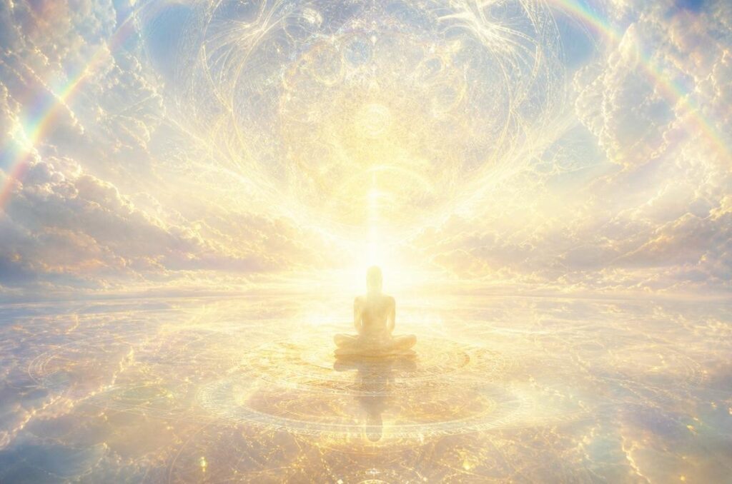 Luminous clear light of death manifesting as infinite sky-like awareness with subtle rainbow phenomena