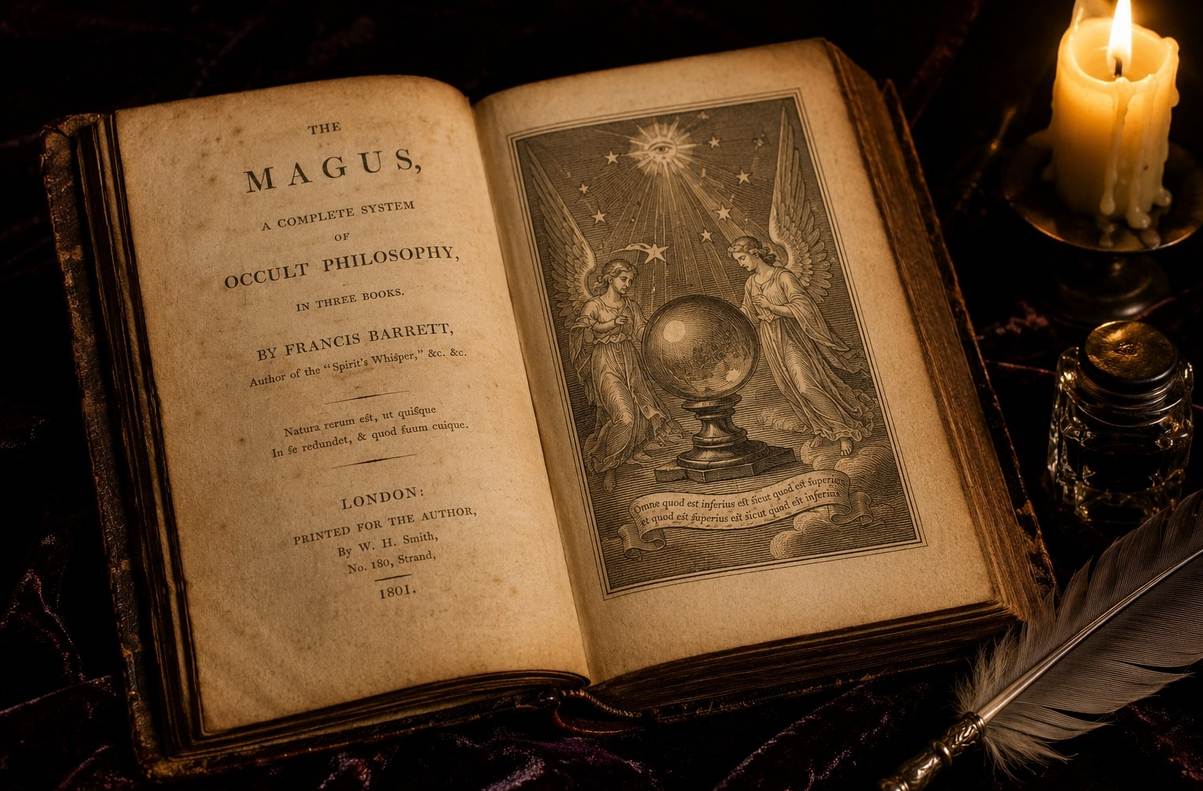 An antique leather-bound copy of Francis Barrett's The Magus open beside a candle and crystal-scrying engraving