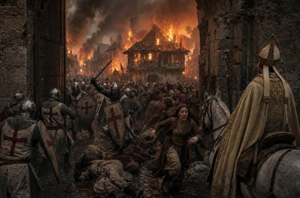 Crusader knights breaching the gates of Béziers during the Albigensian Crusade