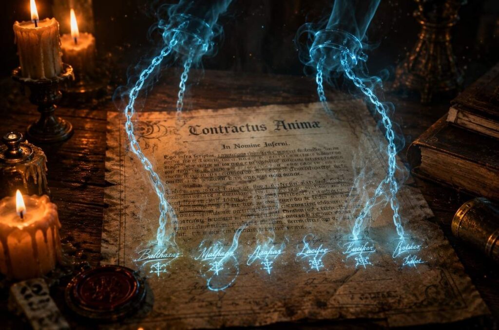 Ancient parchment contract with glowing chains emerging from signatures