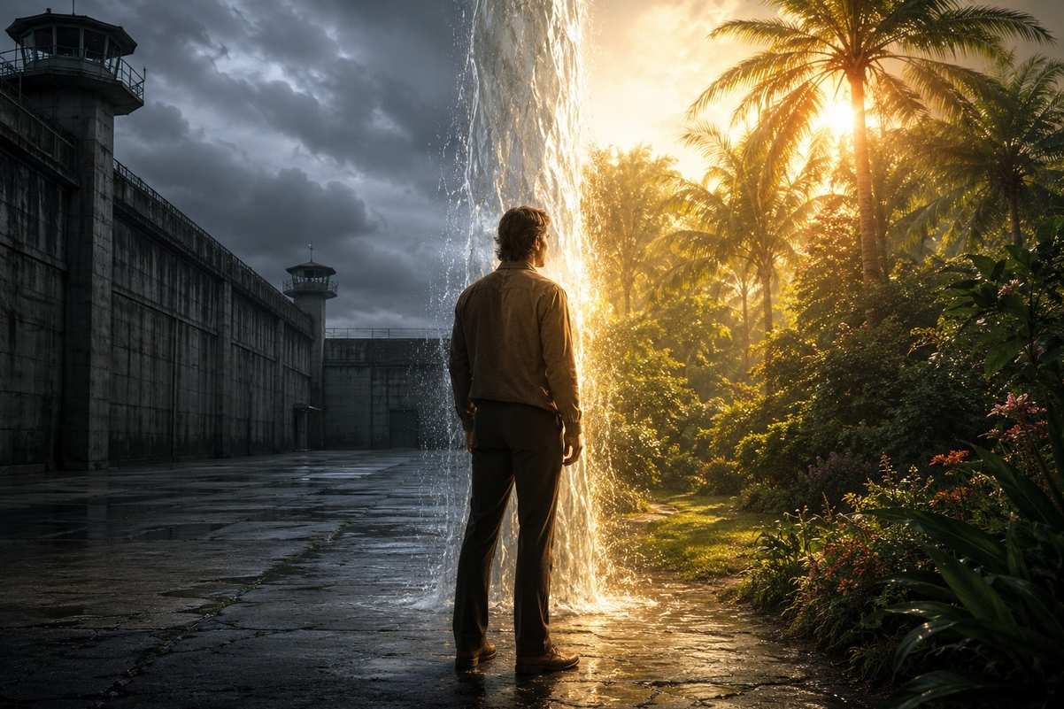 A figure standing between a grey prison courtyard and a lush palm garden