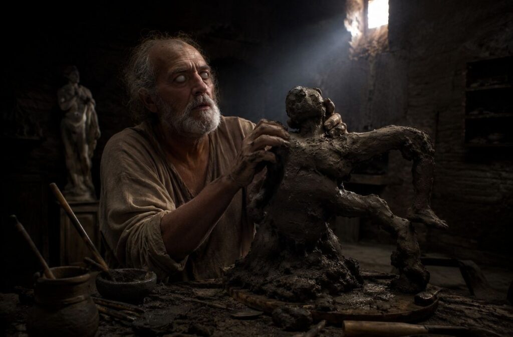 A blind sculptor in a dim workshop crafting a malformed human figure from dark clay, representing the Gnostic Demiurge who creates without understanding.