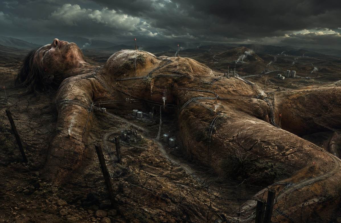 Human body rendered as a landscape with barbed wire fences, surveyor flags, and industrial pipelines crossing the terrain