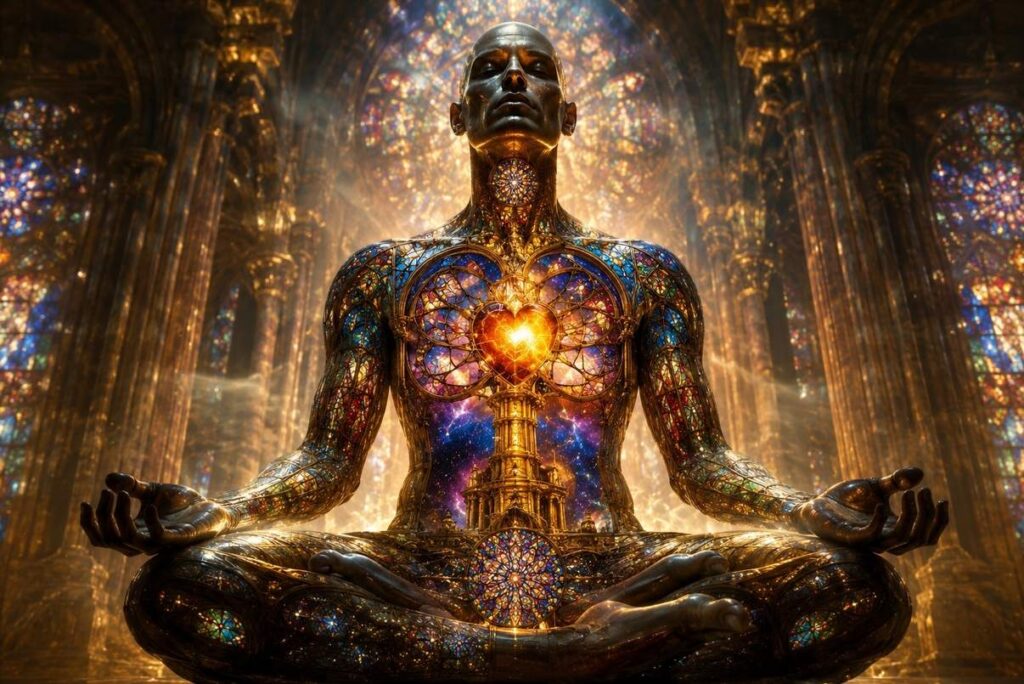 Human silhouette as luminous sacred temple with stained glass organs and cosmic starfield within