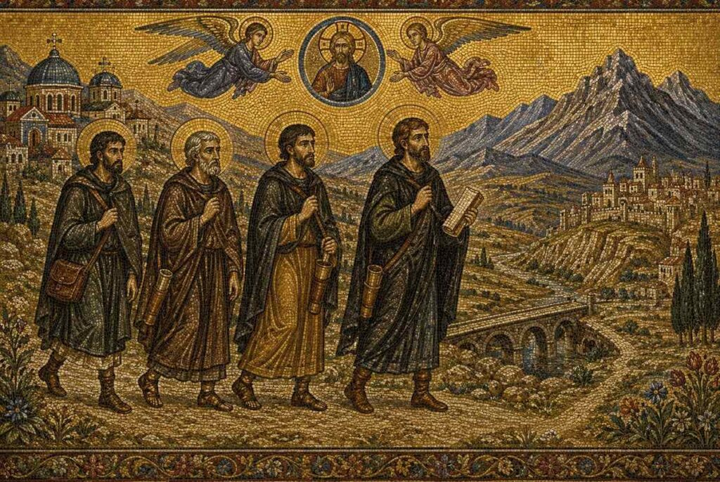 Byzantine-style mosaic of Bogomil missionaries carrying scrolls westward along trade routes