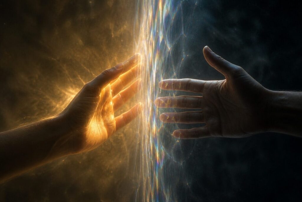 Two hands reaching toward each other separated by translucent membrane of light, one radiating warmth, the other in shadow