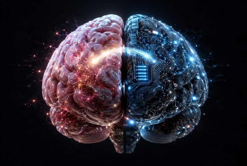 Human brain split between biological tissue and digital circuit board