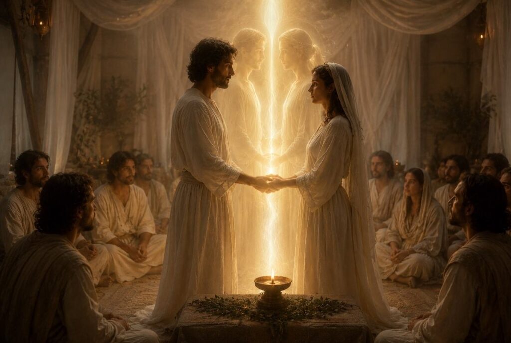 A man and woman in white garments joined by golden light, with angelic counterparts visible within the light, surrounded by disciples.
