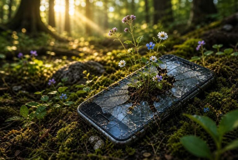 A broken smartphone lying on moss in a forest with wildflowers growing through the cracked screen, representing liberation from digital extraction