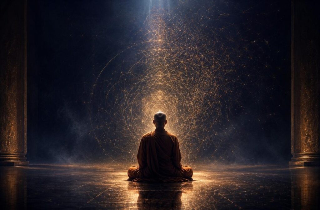 A monk in deep absorption in a dark meditation hall with space dissolving into geometric light patterns