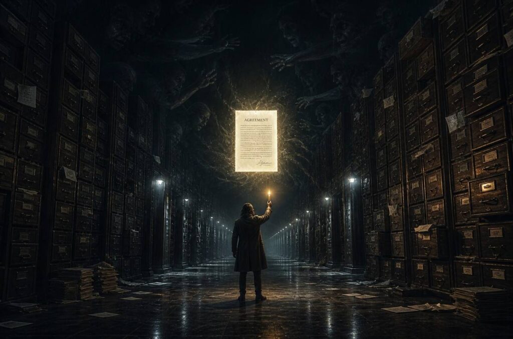 A vast surreal bureaucratic hall with endless filing cabinets and a figure refusing to sign a glowing document.