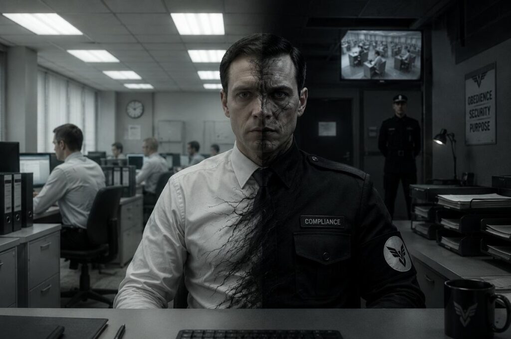 An ordinary office worker transforming into an authoritarian figure, representing the psychological discovery that evil is situational rather than personal.