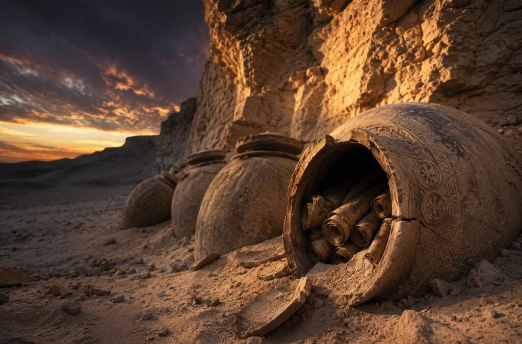 Ancient sealed jars buried in desert sand at the base of cliffs, representing the hidden survival of suppressed Gnostic and Stoic traditions.