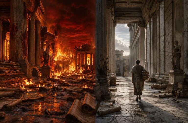Split scene showing legendary library fire versus quiet scholarly dispersal at dawn