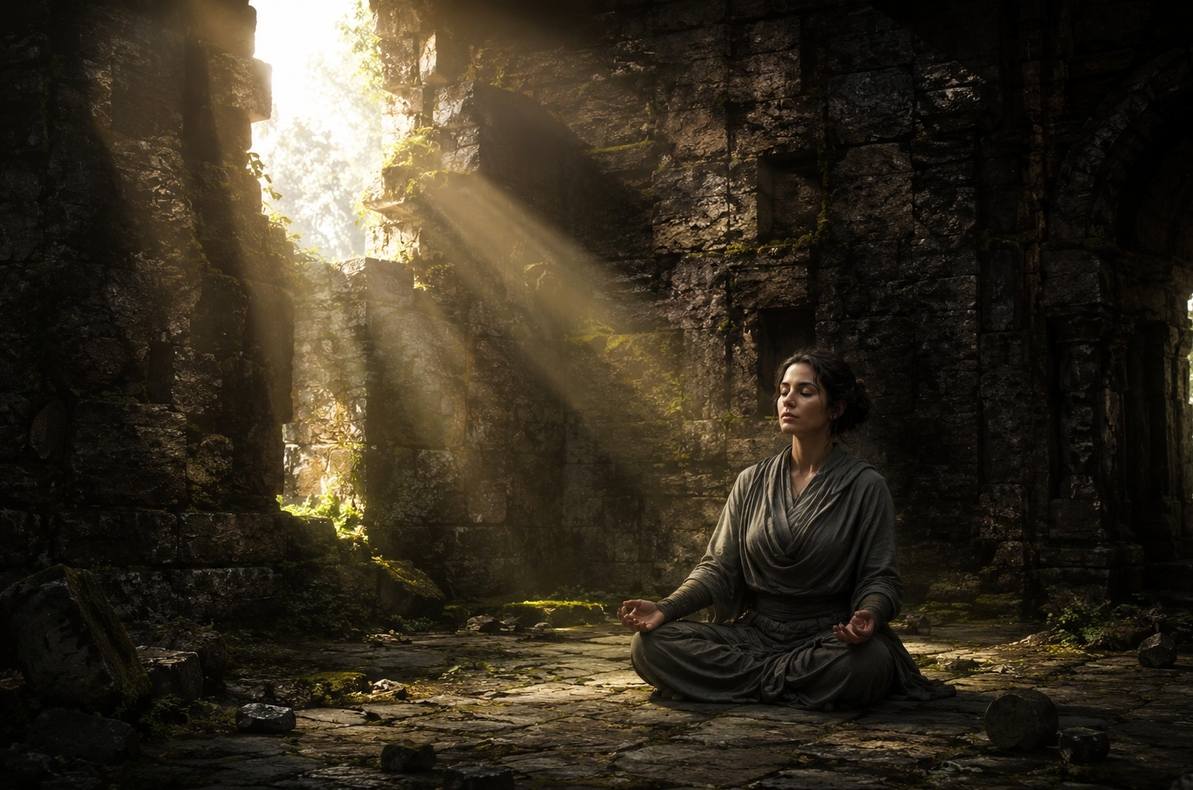Solitary figure in meditation posture inside a crumbling stone fortress with cracks letting in light