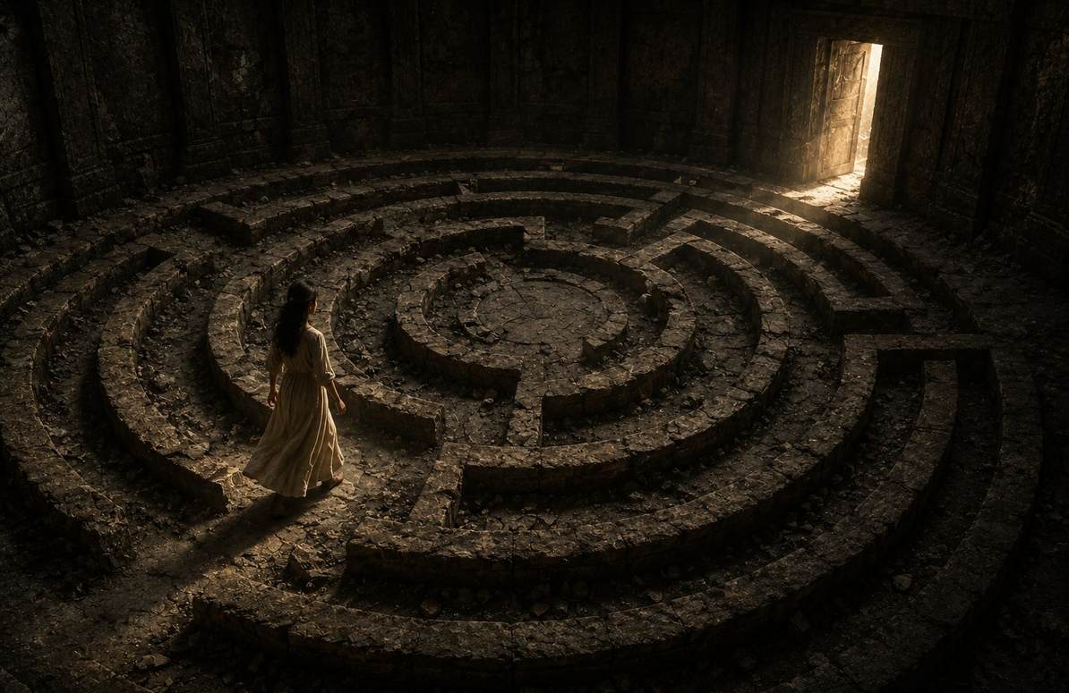 Circular maze pattern with a figure walking the same loop repeatedly while a doorway remains unopened