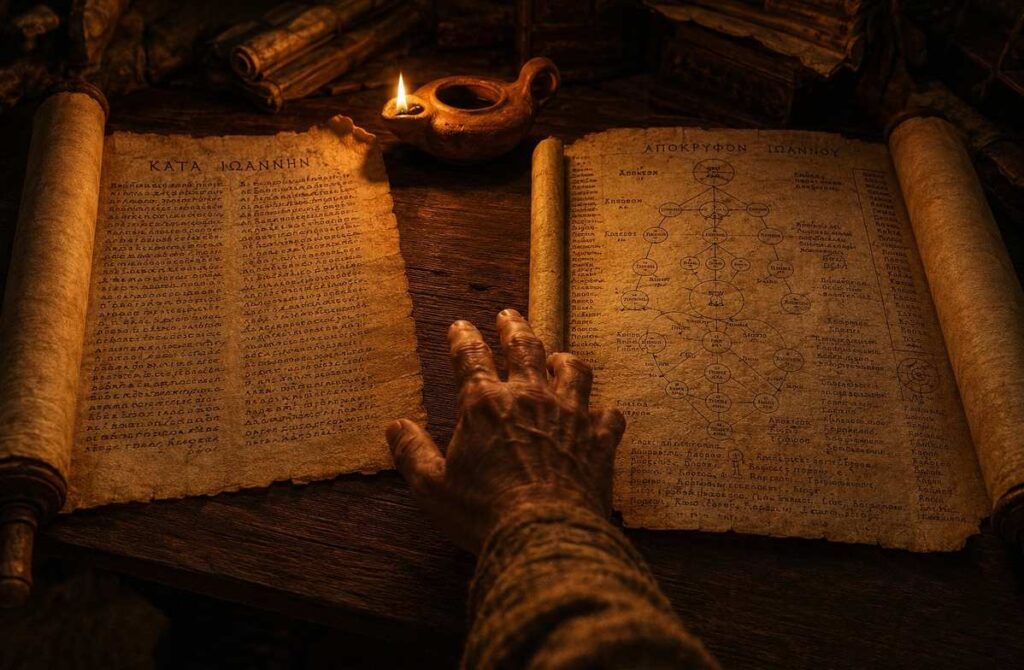 Two ancient scrolls on a wooden table showing canonical and Gnostic texts side by side