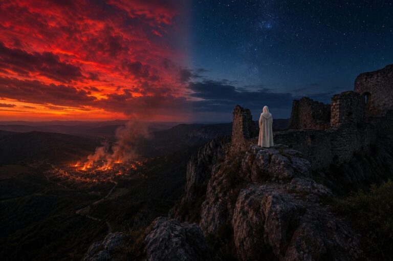 Twilight scene over Languedoc with Cathar castle ruins and burning village below