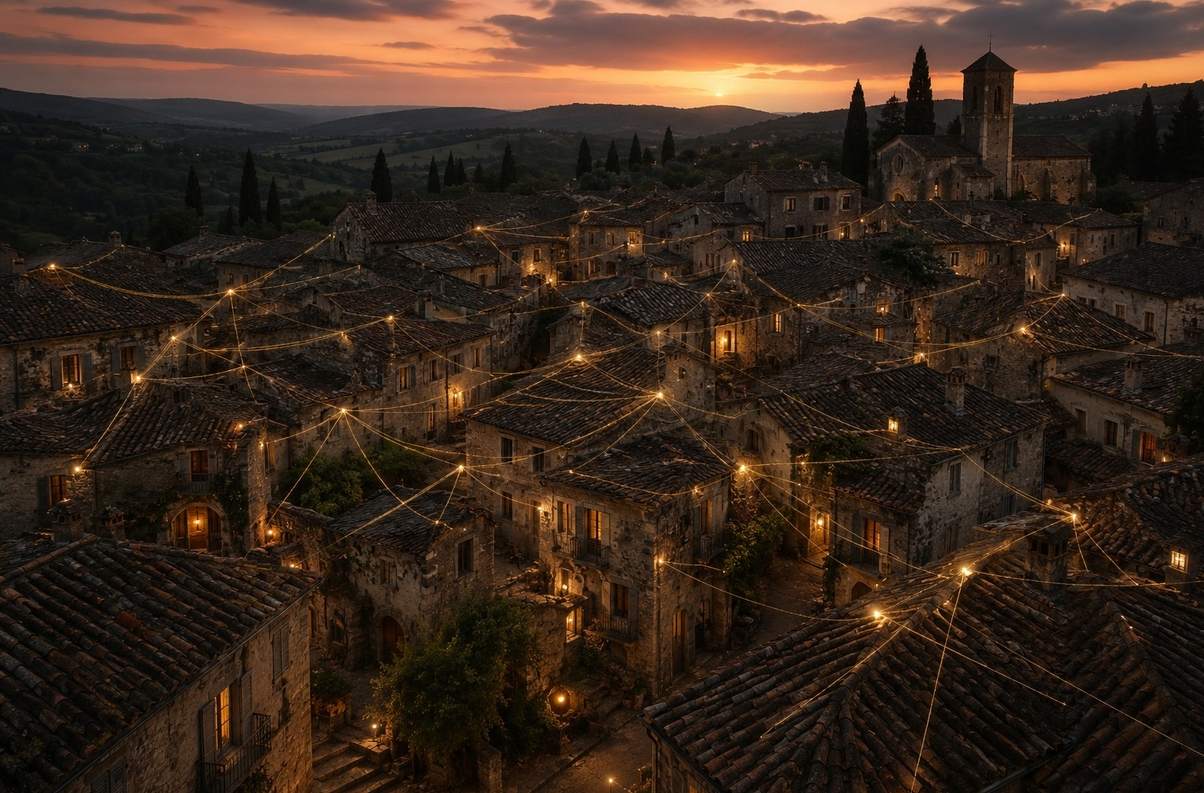 Medieval Languedoc village at dusk with golden threads connecting cottages