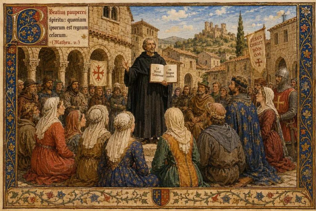 Medieval illumination of a Cathar preacher in black robes addressing villagers in a southern French square