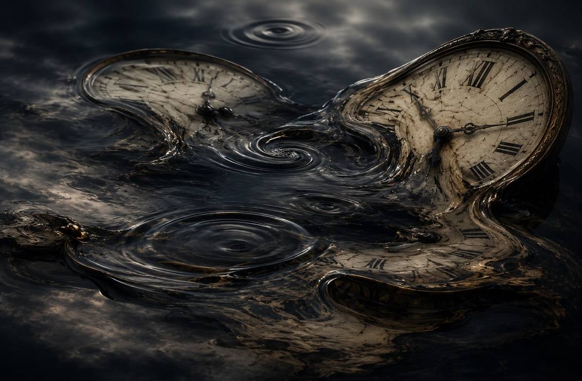 An abstract photorealistic visualization of melting clock faces dissolving into still water, representing the collapse of linear time in causal consciousness