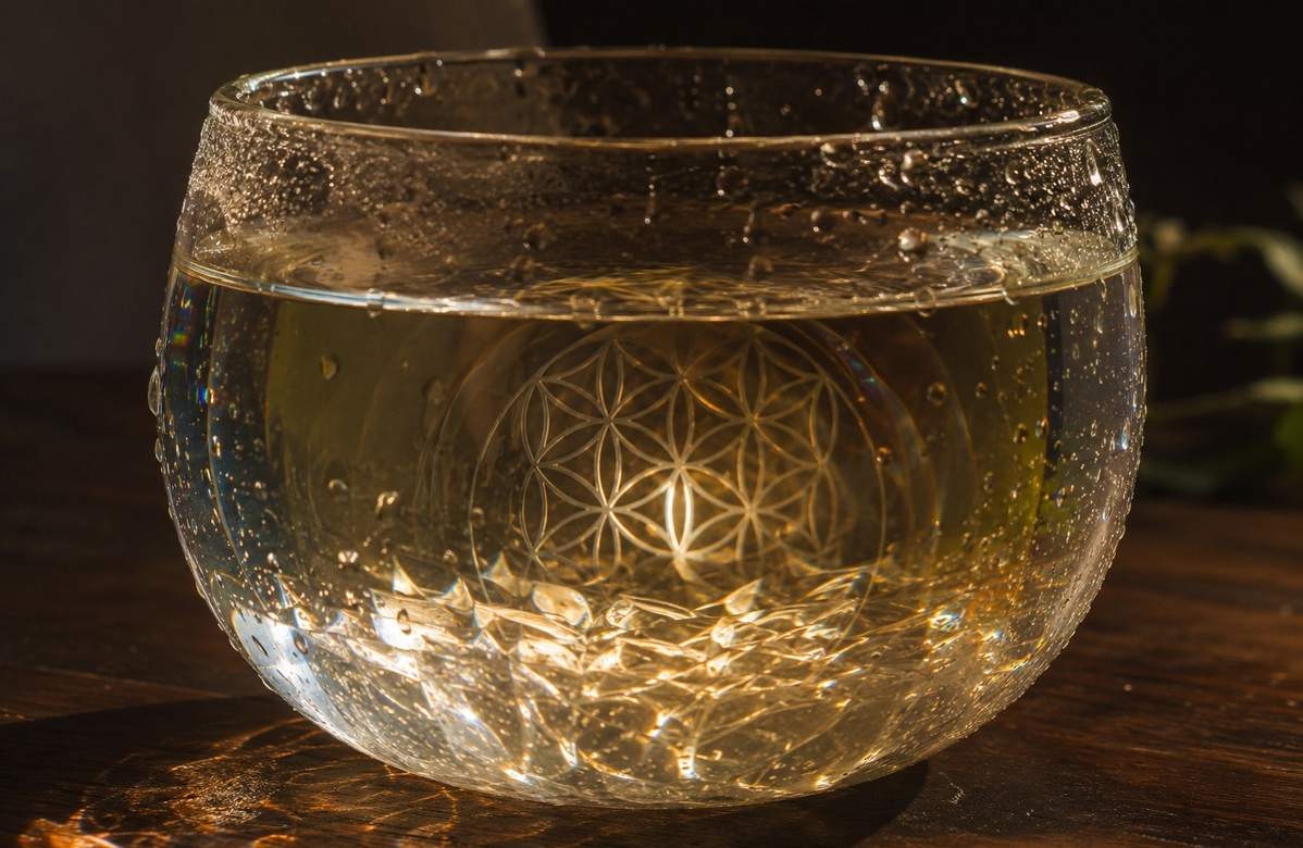 Clear glass vessel filled with water illuminated by warm golden light on dark wooden surface
