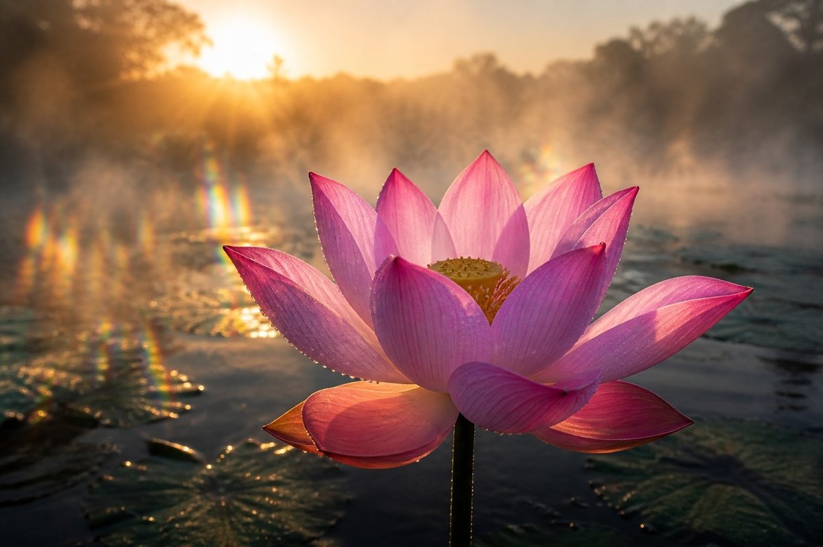 A single lotus flower opening at sunrise with subtle prismatic light refracting through morning mist, representing synthesis of ancient and modern